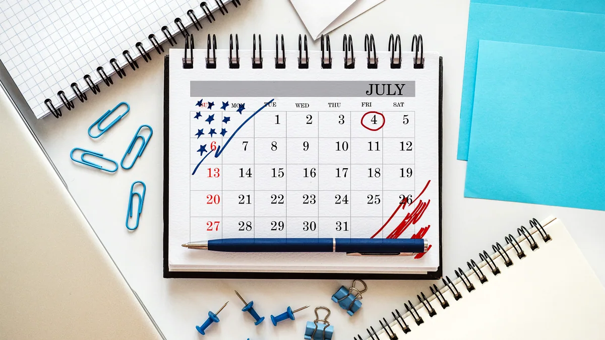 An open wall calendar showing a month with several dates circled in blue ink.