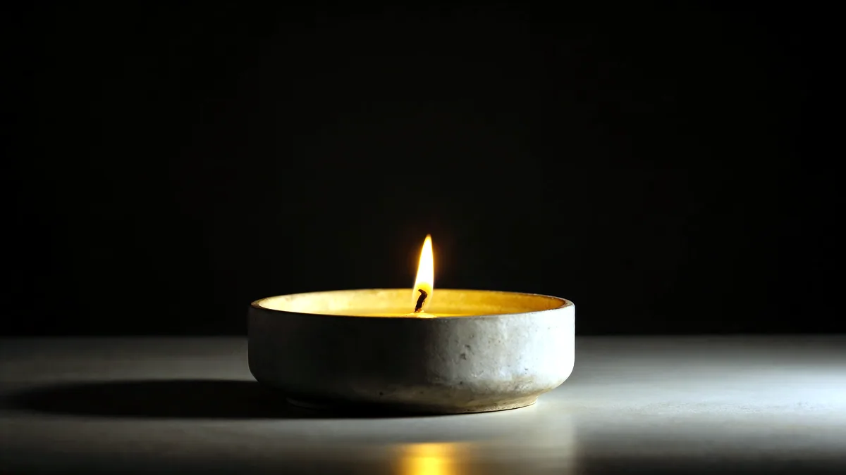 A single white candle with a gentle flame burning on a plain white surface in dim light.