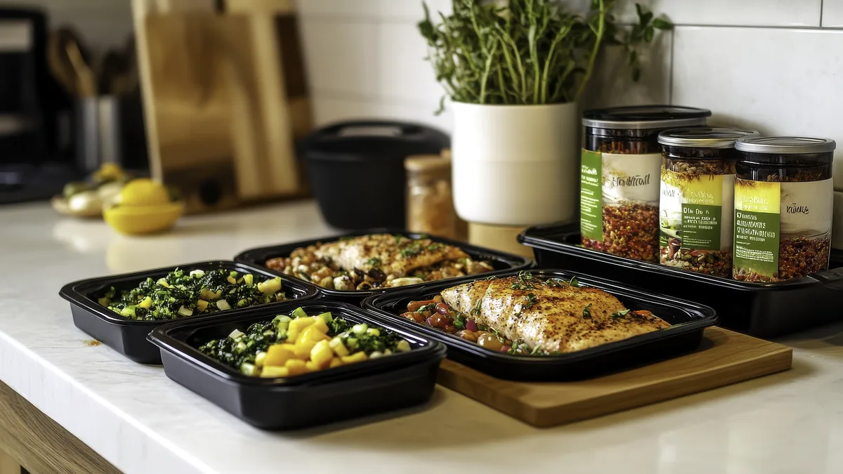 Three glass meal-prep containers with neatly portioned food lined up on a white kitchen counter.