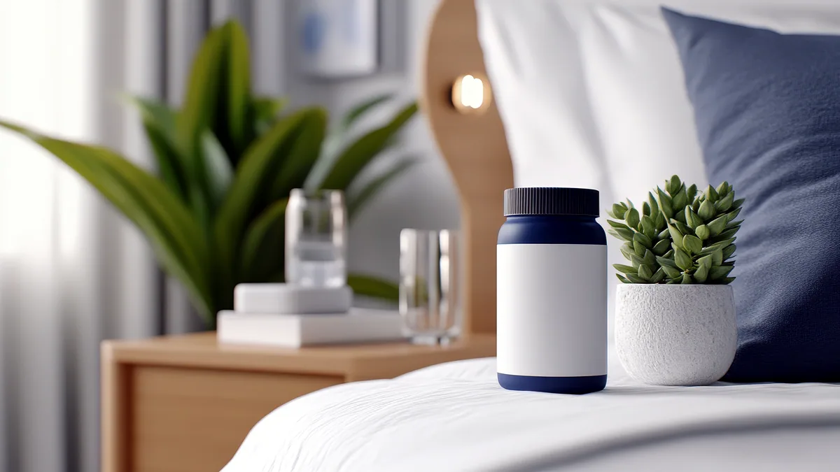 A small amber pill bottle with a white cap resting on a bedside nightstand next to a lamp.