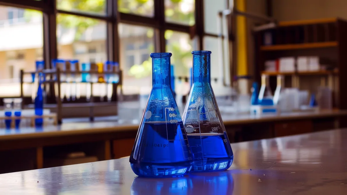A clear glass flask with pale amber liquid sitting on a stainless-steel laboratory bench.