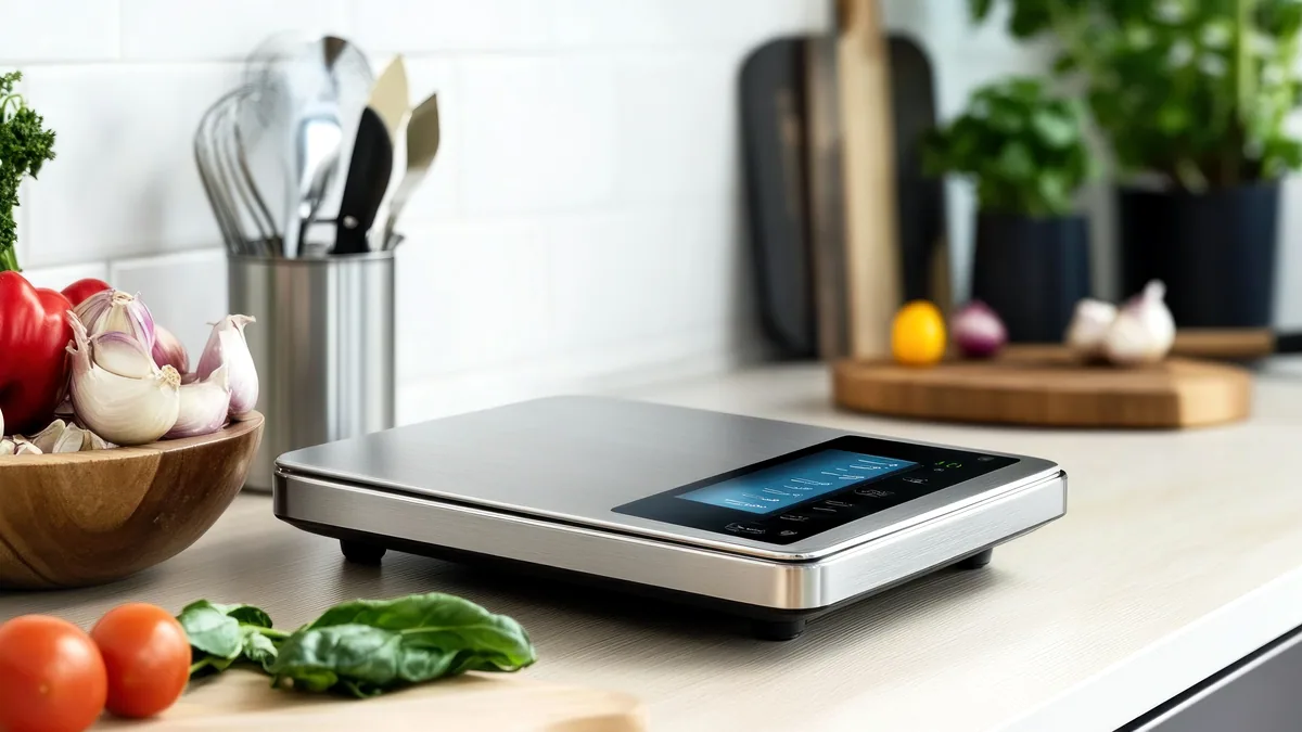 A small round digital kitchen scale sitting on a light marble countertop with the display reading zero.