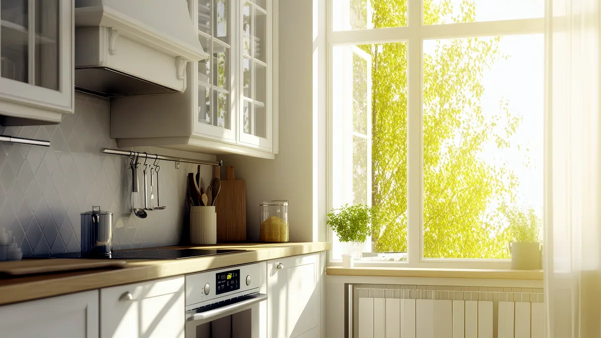 Warm golden sunlight streaming through a kitchen window and landing on a wooden table.